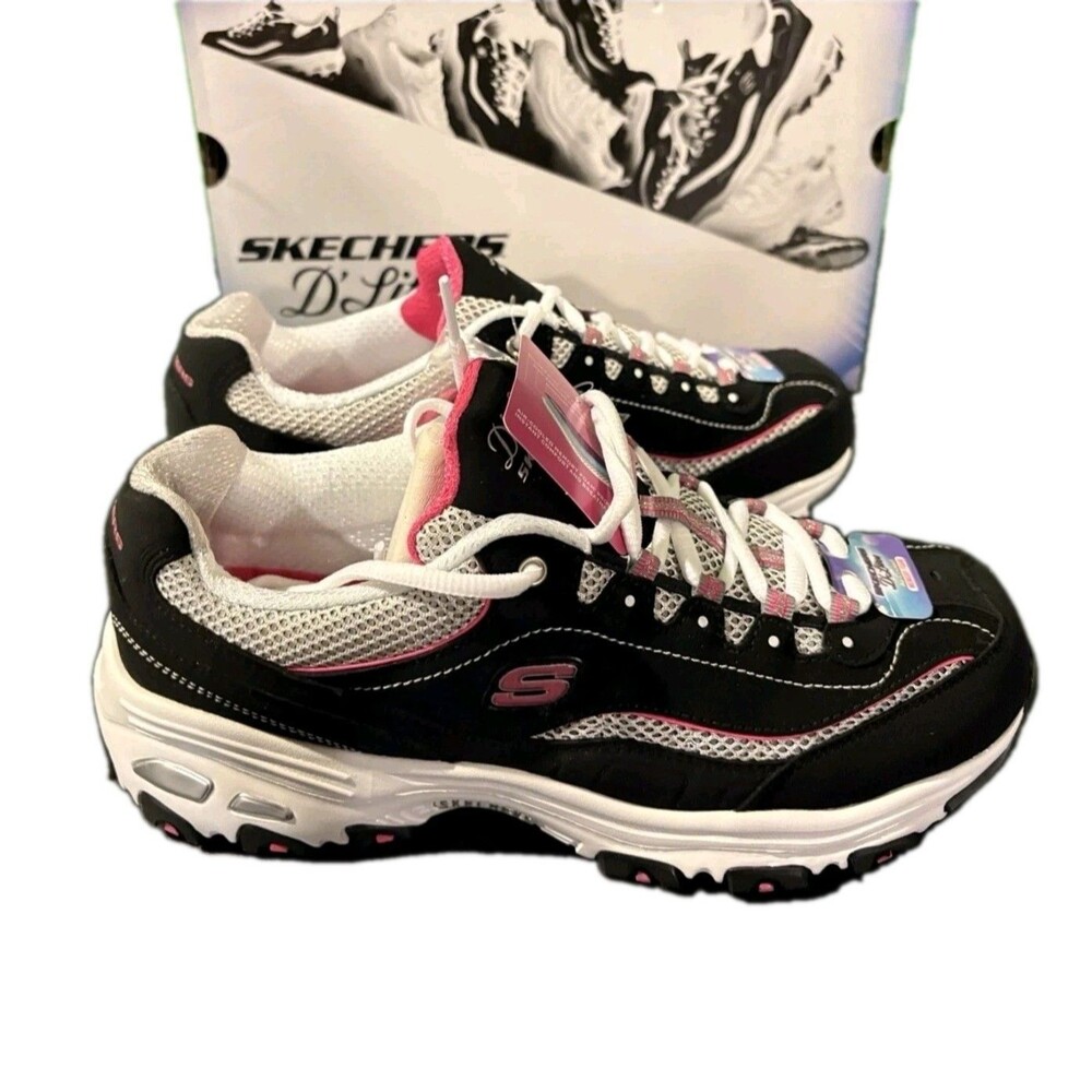 Skechers D'Lites Life Saver Womens 10 Black White Pink Shoes 11860/BKWP NEW BOX